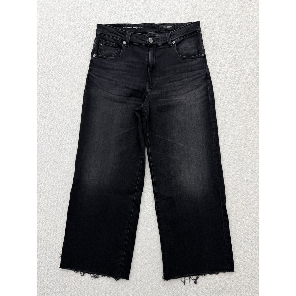 AG Adriano Goldschmied Saige Wide Leg Crop Jeans Faded Black Raw Hem 29
